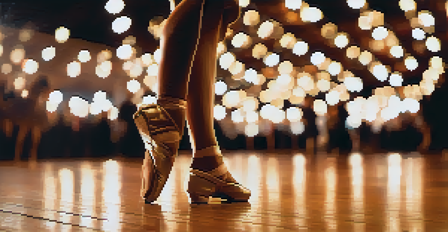 Close-up of a dancer's feet performing intricate footwork on a polished stage.