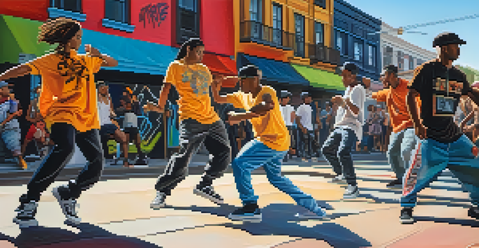 A lively street scene with diverse hip hop dancers showcasing their dynamic dance moves in front of colorful graffiti art.