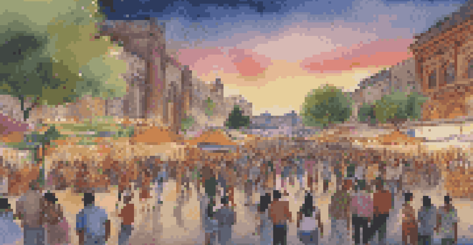 A lively urban plaza during a dance festival with performers on stage and crowds enjoying food stalls.