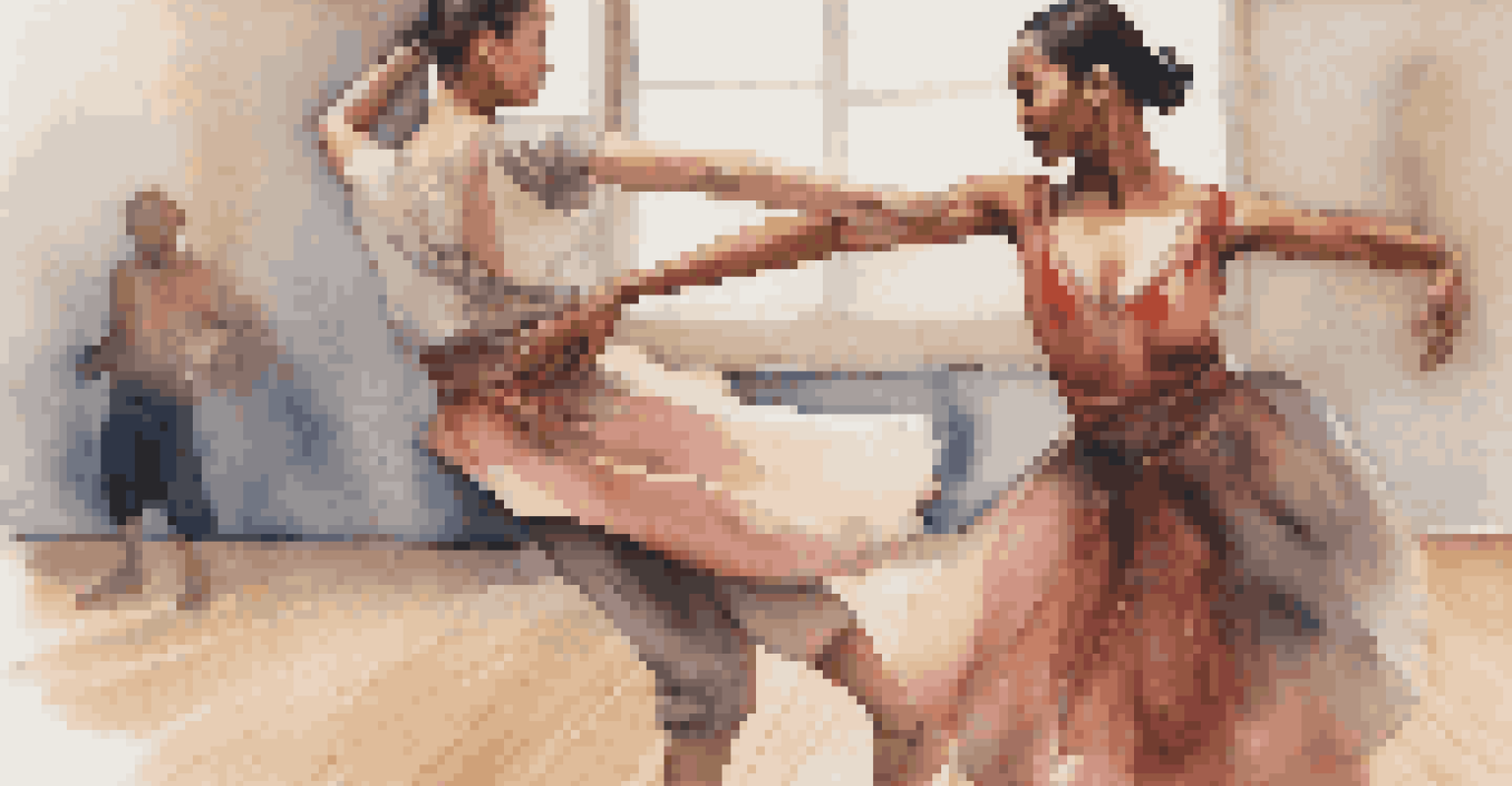 Two dancers collaborating on choreography, one in modern attire and the other in traditional clothing, captured in a close-up with a blurred studio background.