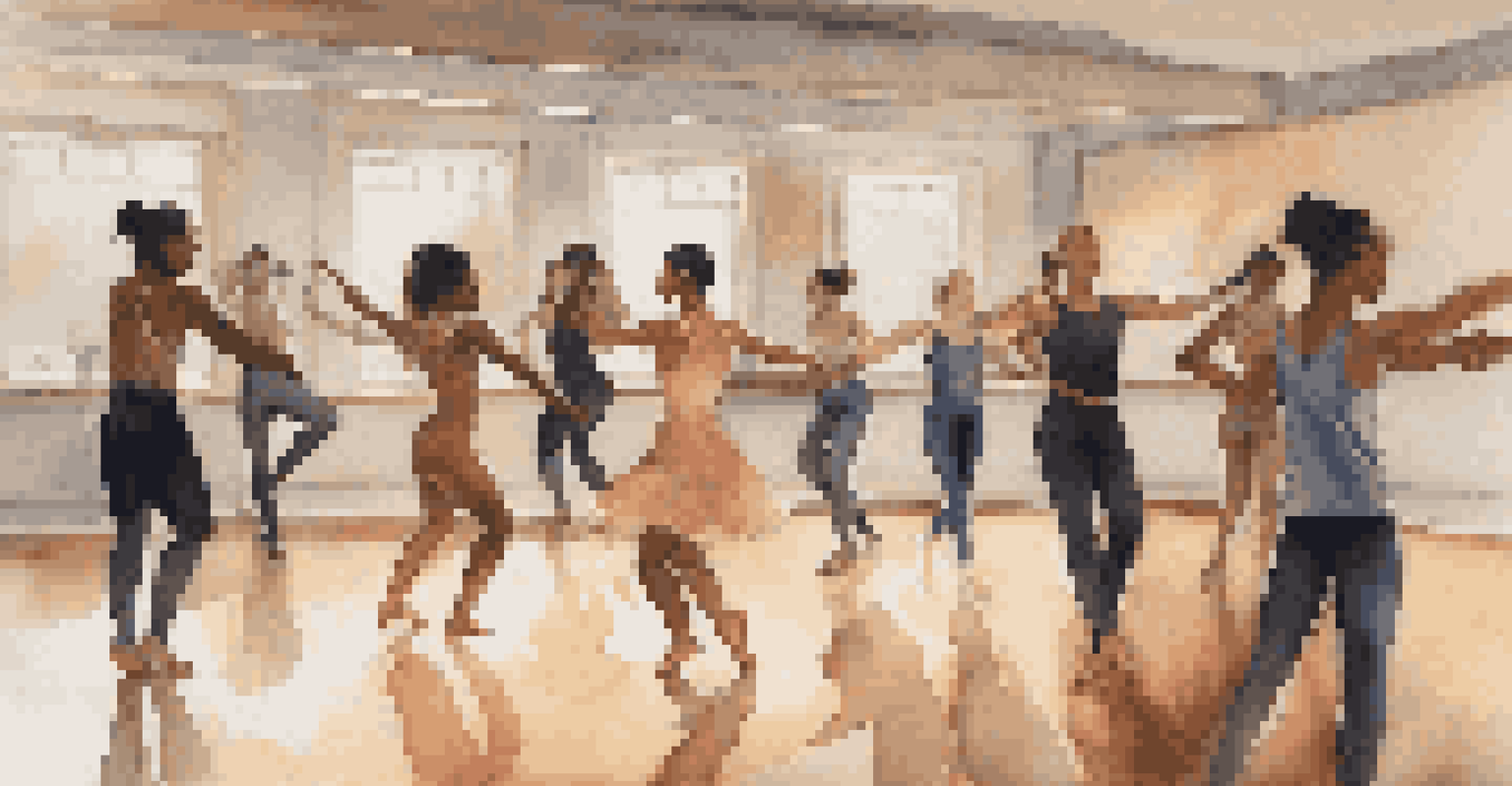 A group of diverse dancers collaborating in a studio with mirrors and soft lighting, showcasing creativity and community.
