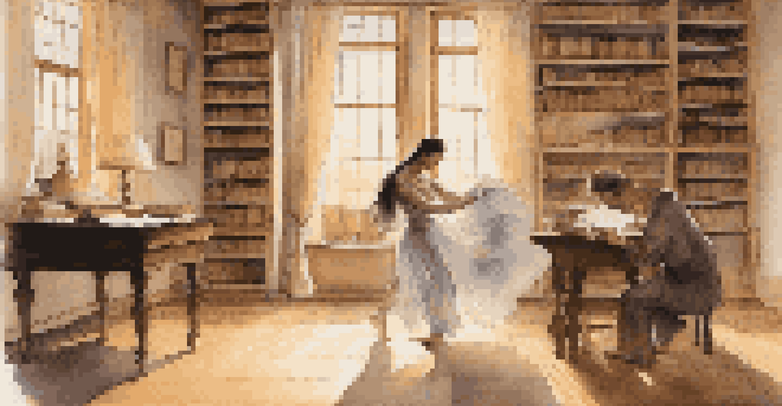 A poet writing verses while a dancer performs nearby in a cozy room filled with books and natural light.