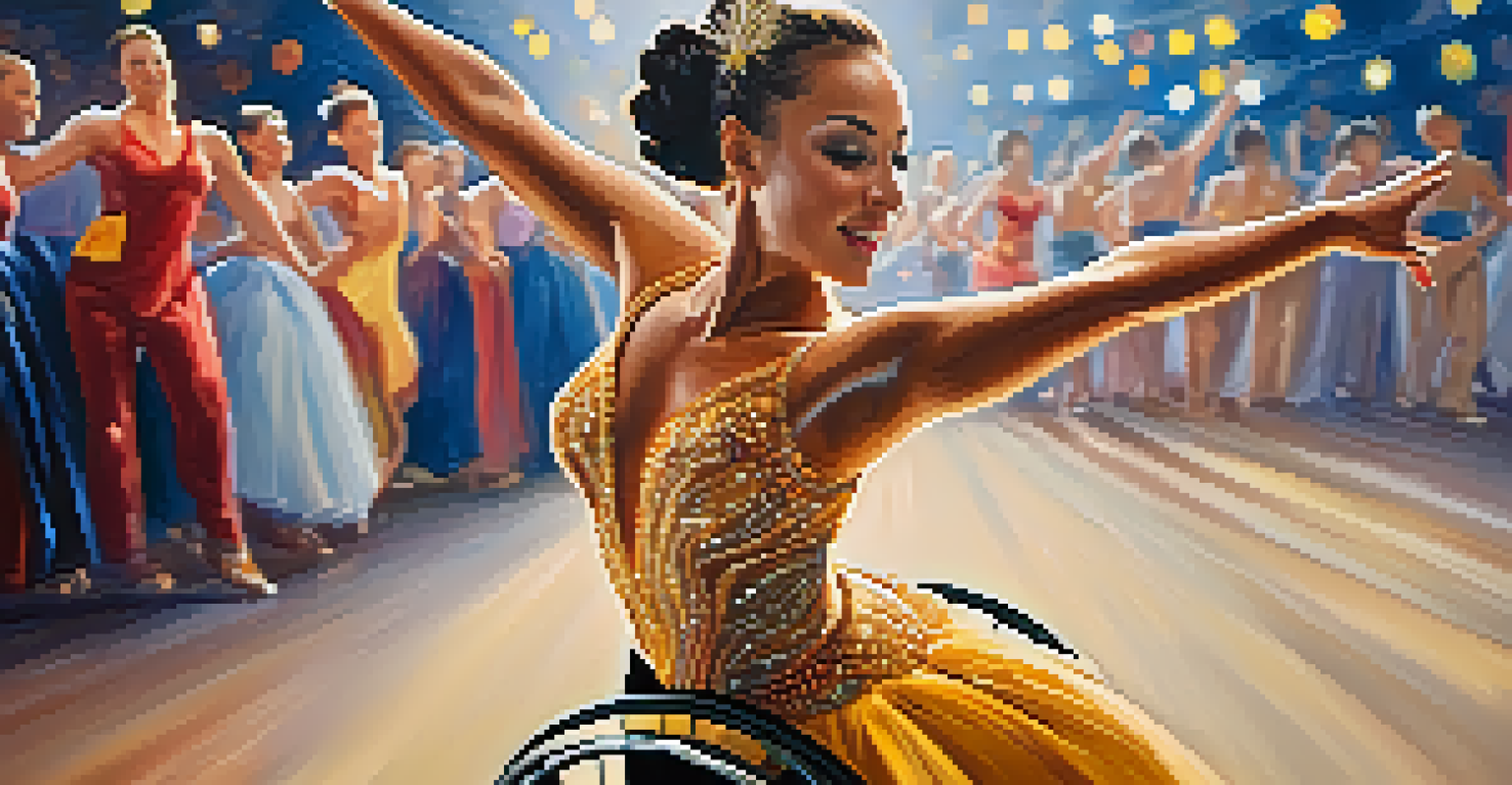 A close-up of a wheelchair dancer performing in a beautiful costume, with a focus on their expressive face and intricate outfit, amid a cheering audience in the background.