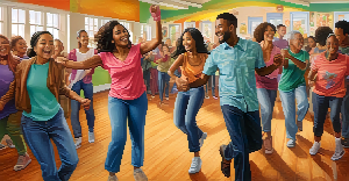 A diverse group of people dancing joyfully in a community center with colorful clothing and warm lighting.