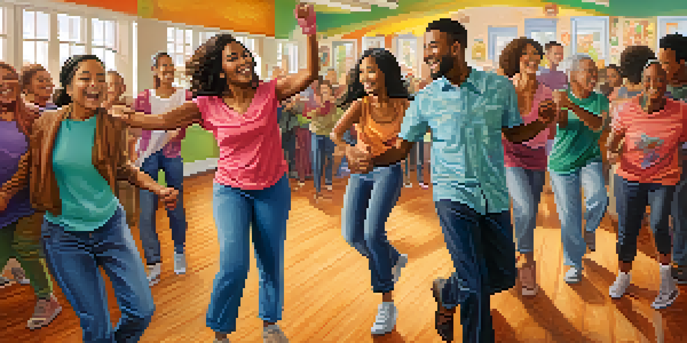 A diverse group of people dancing joyfully in a community center with colorful clothing and warm lighting.