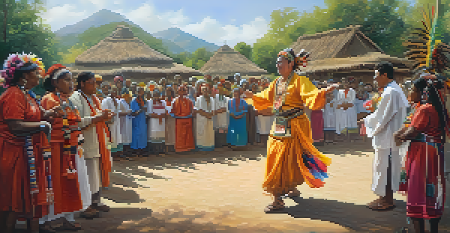 A healer performing a dance in ceremonial attire surrounded by supportive community members in a traditional village, with natural elements enhancing the scene.
