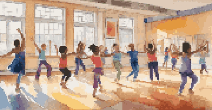A lively dance classroom with students of different ethnicities joyfully engaging in playful dance activities, illuminated by natural light from large windows.