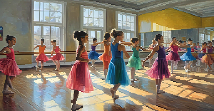 Young dancers practicing in a brightly lit dance studio, with mirrors and wooden flooring.