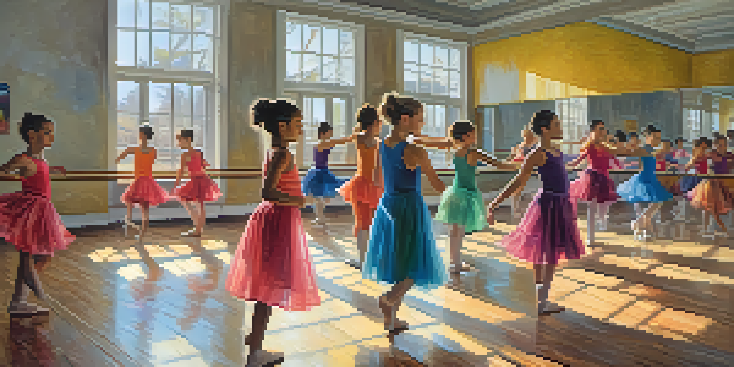 Young dancers practicing in a brightly lit dance studio, with mirrors and wooden flooring.