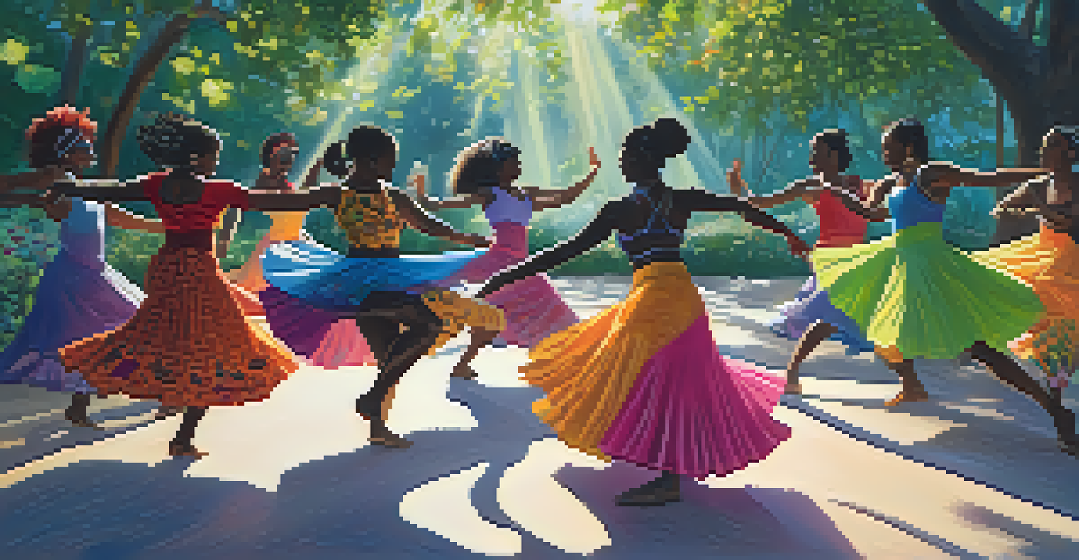 A diverse group of dancers in an outdoor setting, dancing in a circle surrounded by greenery and colorful flowers.