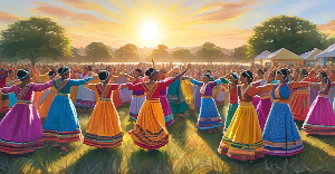 A diverse group of people dancing joyfully in a circle, wearing colorful traditional clothing, with a sunset backdrop and greenery.