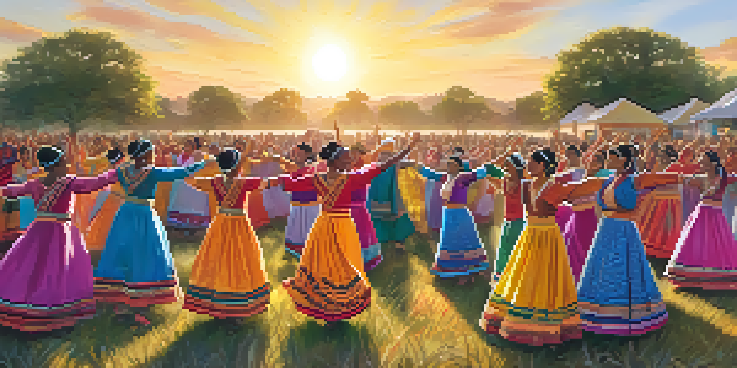 A diverse group of people dancing joyfully in a circle, wearing colorful traditional clothing, with a sunset backdrop and greenery.
