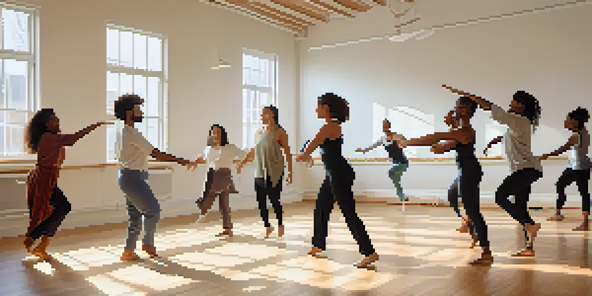 A diverse group of individuals dancing joyfully in a bright studio, promoting emotional connection and expression.