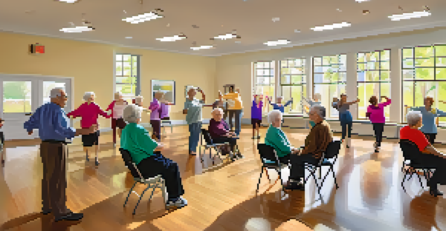 An instructor guiding seniors in a light dance session, with chairs for support, in a well-lit community center.