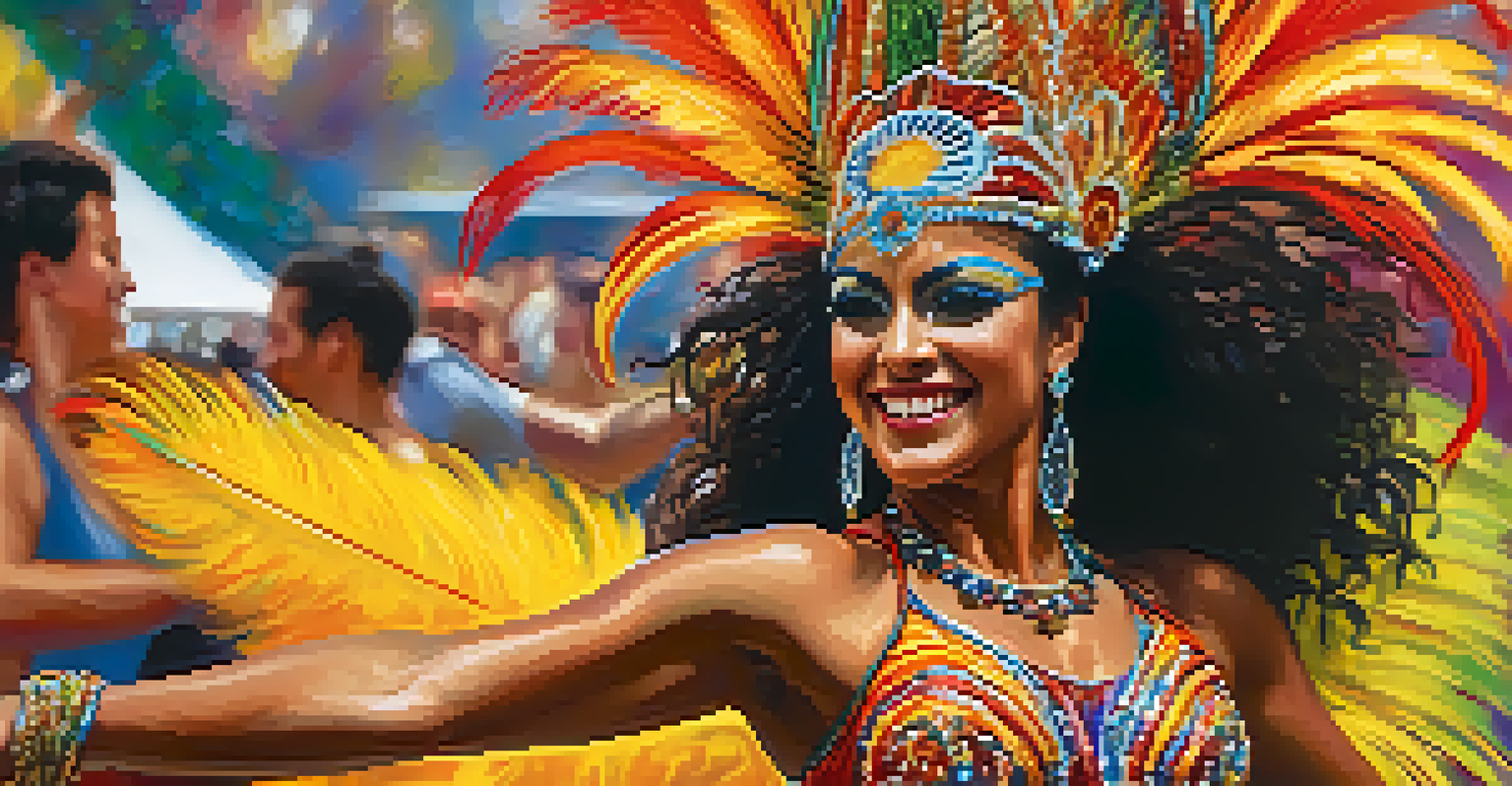 A close-up of a samba dancer in a colorful costume, showcasing feathers and sequins while performing energetically.