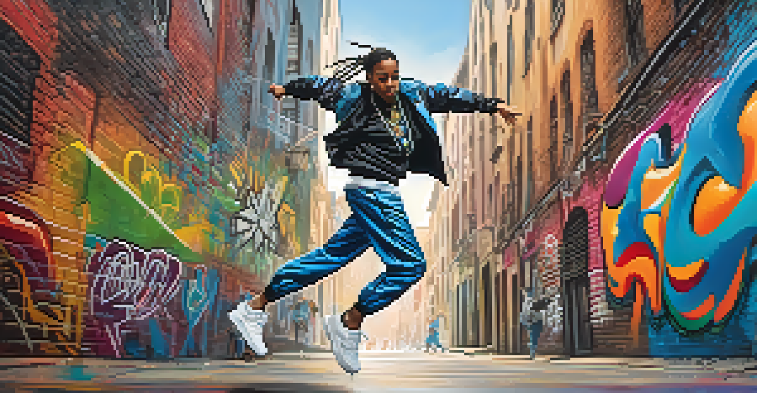 A hip-hop dancer performing in mid-air against a colorful graffiti background, showcasing dynamic movement.