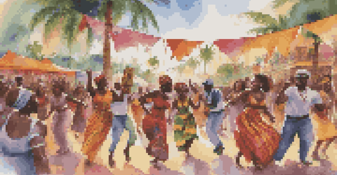 A lively Afrobeats festival with a diverse crowd dancing under colorful banners and performers on stage in traditional and modern attire.