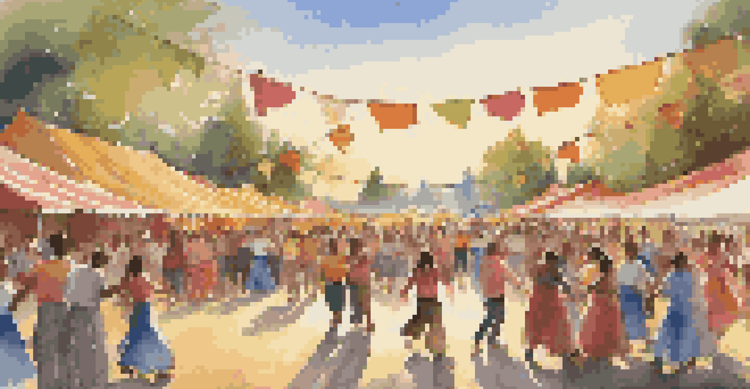 Families dancing in a circle at an outdoor folk dance festival, surrounded by colorful banners and food stalls, with a warm sunset in the background.