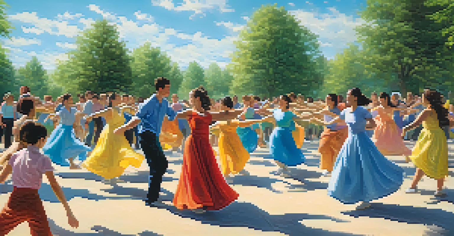 Students participating in an outdoor dance workshop, moving joyfully under a blue sky with trees in the background.