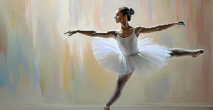 A ballet dancer in a white tutu leaps gracefully against a pastel background, showcasing her expressive face and elegant movement.