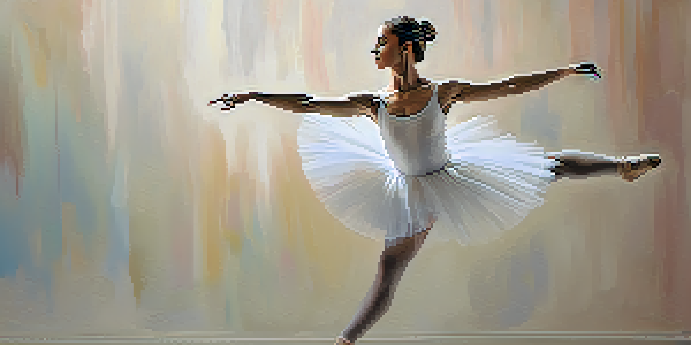 A ballet dancer in a white tutu leaps gracefully against a pastel background, showcasing her expressive face and elegant movement.