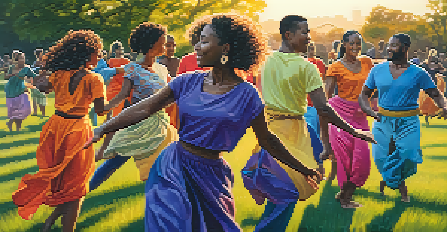 A group of diverse dancers in colorful outfits improvising together in an open outdoor space at sunset.