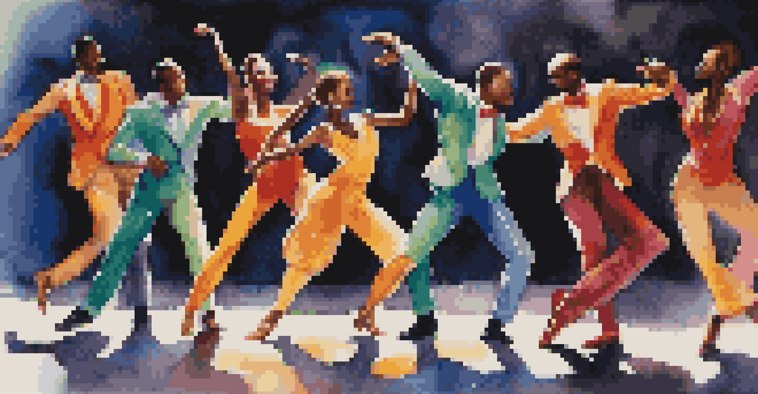 A group of jazz dancers in colorful outfits striking dynamic poses under a spotlight on a dark background.