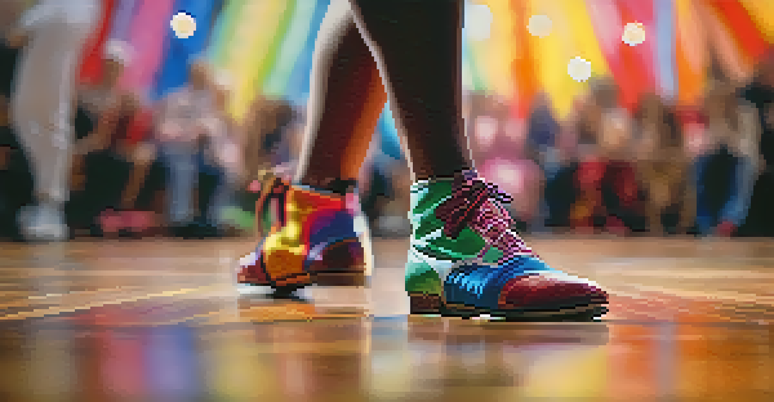A close-up of a dancer's colorful dance shoes on a textured wooden floor, with blurred silhouettes of other dancers in the background.