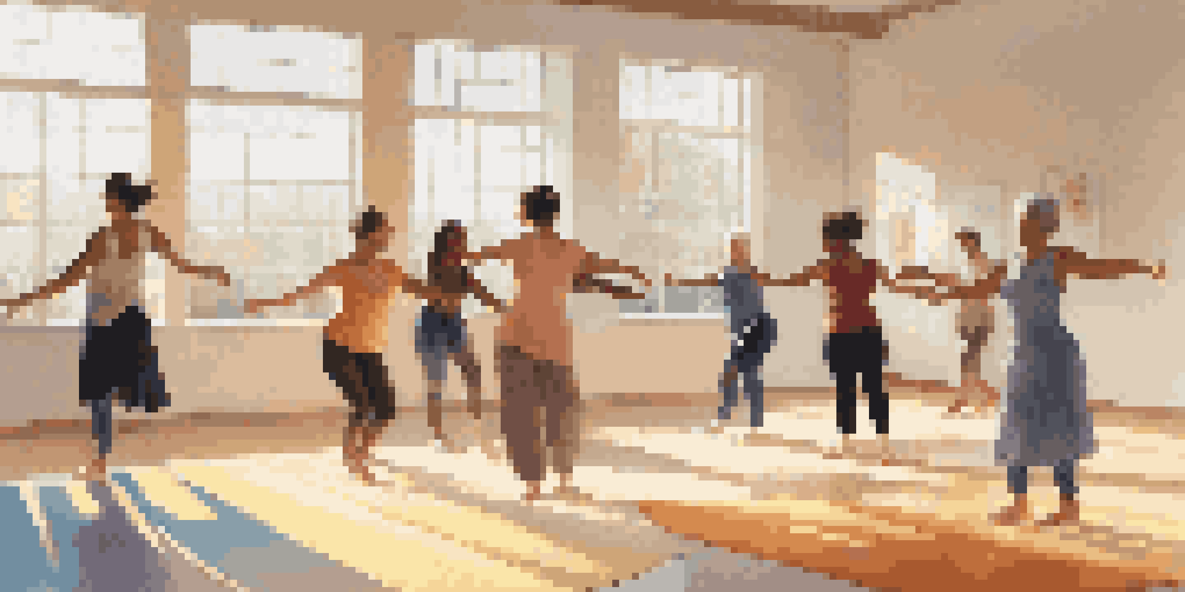 A diverse group of individuals participating in a dance therapy session in a sunlit studio, showcasing joyful and spontaneous movements.