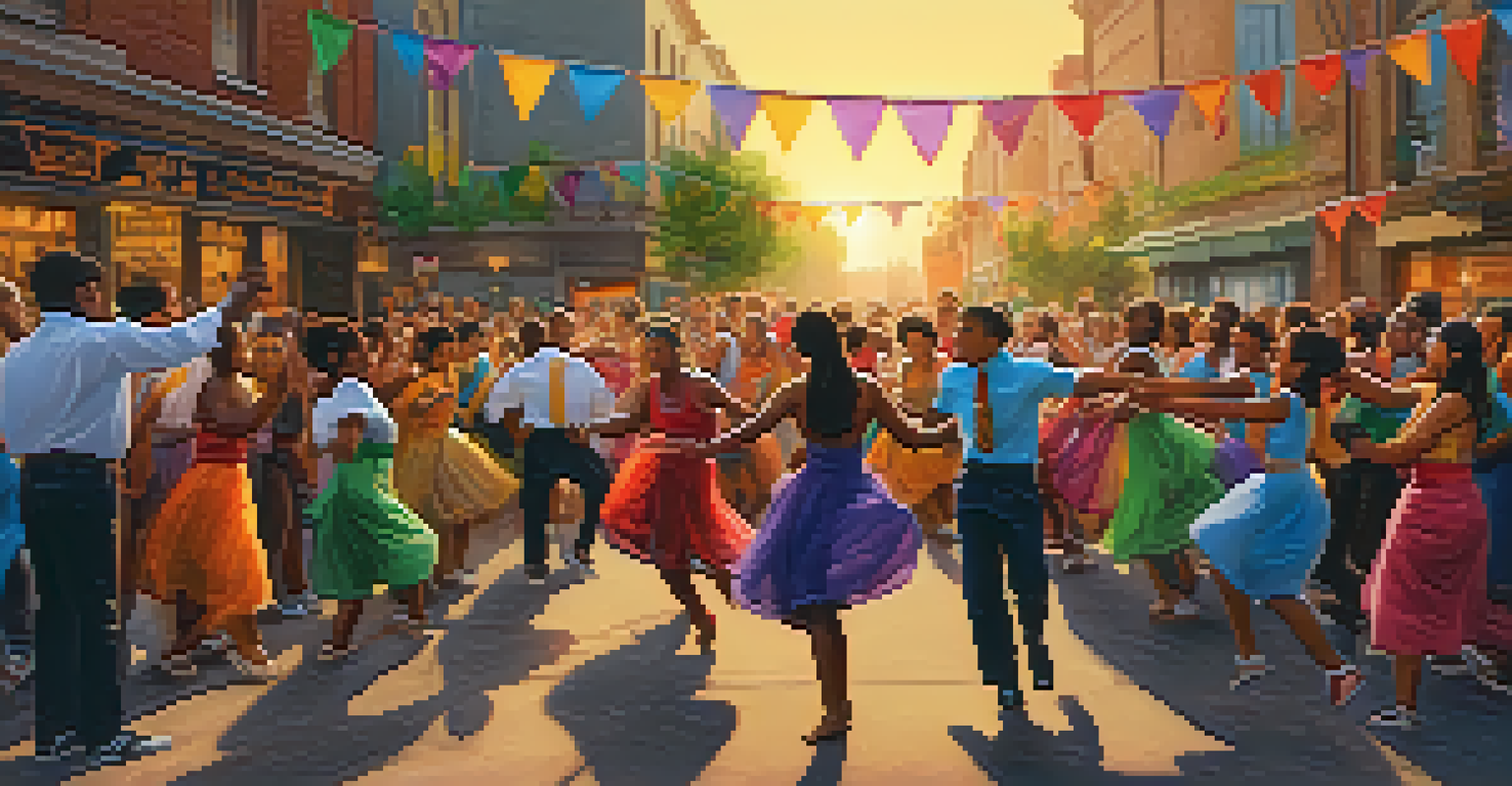 A lively community dance event in an urban setting, featuring performers and an engaged audience under golden sunset lighting.