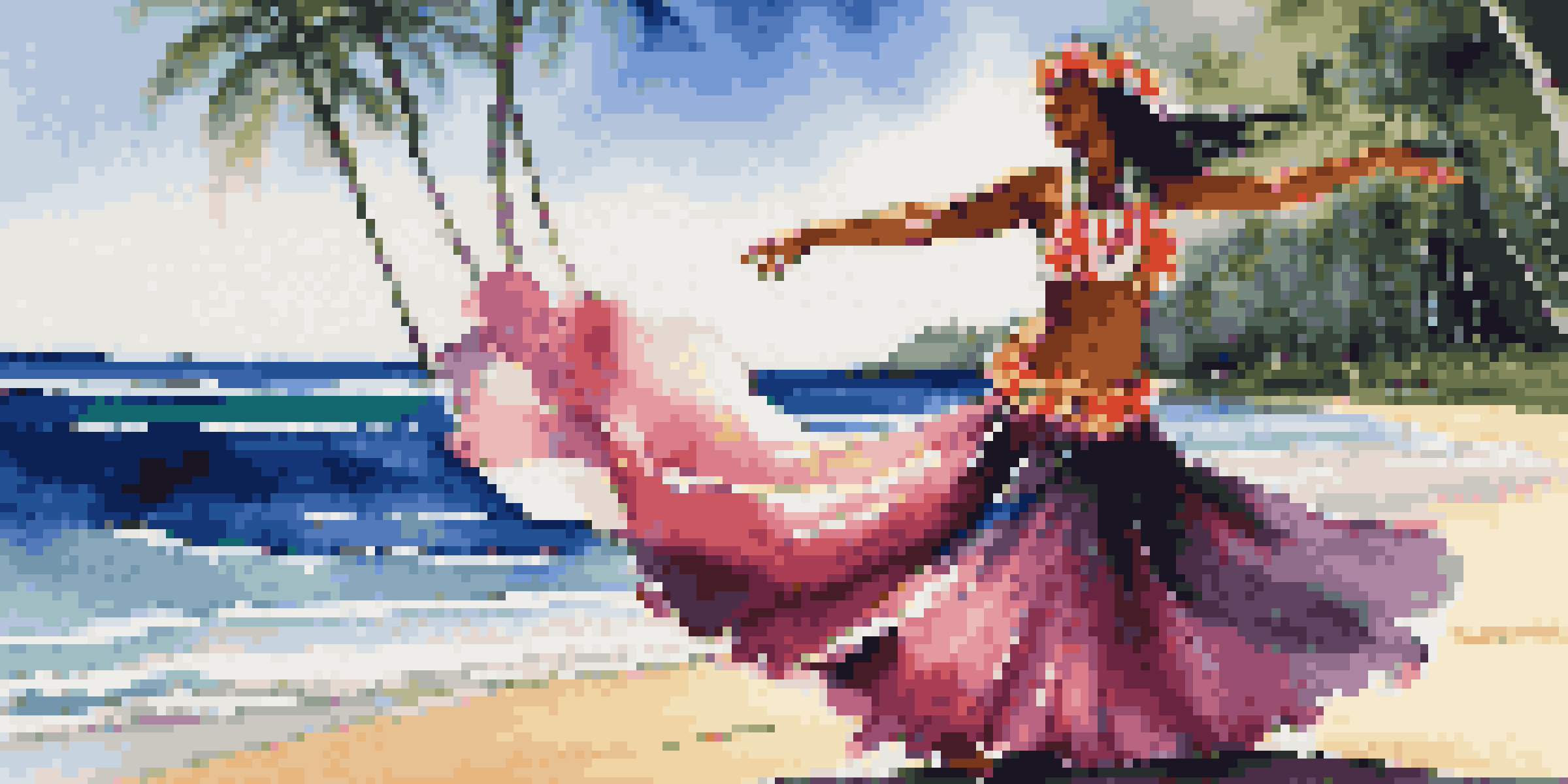 A Hula dancer in traditional attire performing on a beach, with palm trees and ocean in the background.