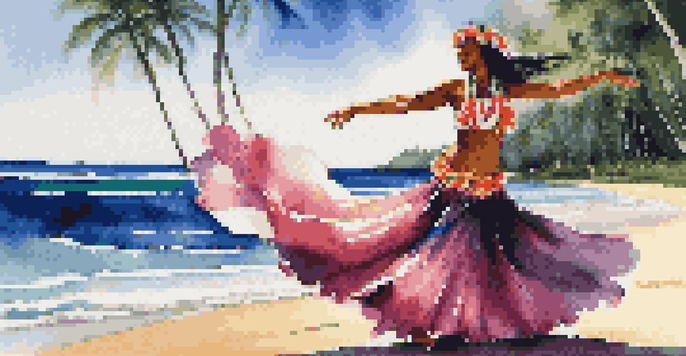 A Hula dancer in traditional attire performing on a beach, with palm trees and ocean in the background.
