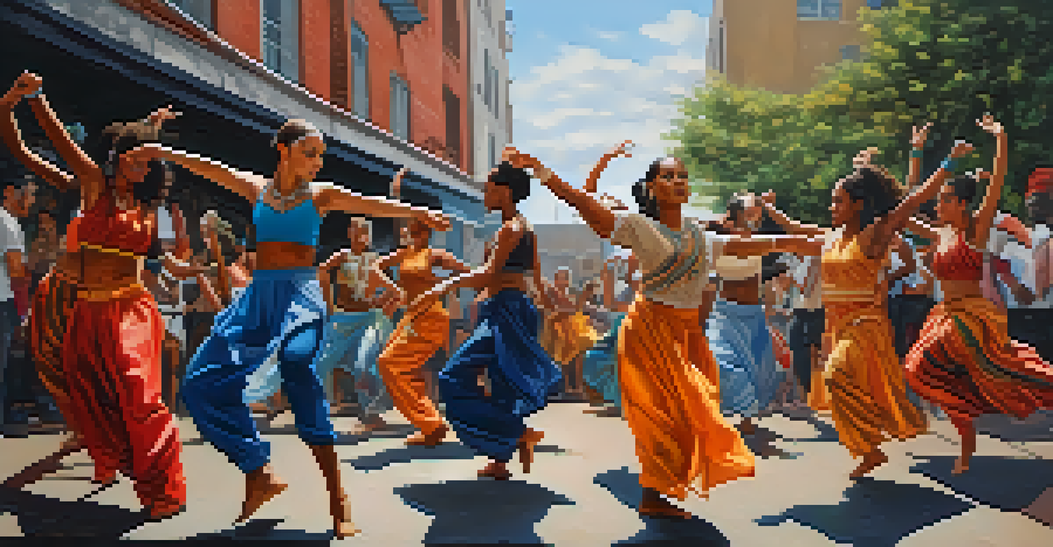 A diverse group of dancers in a circle, each in traditional attire, performing a blend of cultural dance forms against an urban backdrop with graffiti art.