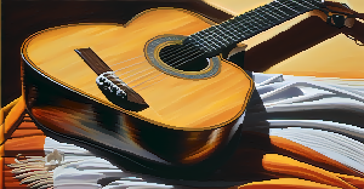 A close-up of a flamenco guitar on a wooden chair, with castanets and a colorful shawl, set against a sunset backdrop.