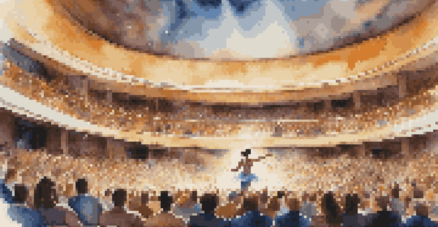 A dancer performing in front of a large audience, showcasing an energetic movement with engaged spectators clapping and leaning forward in excitement.