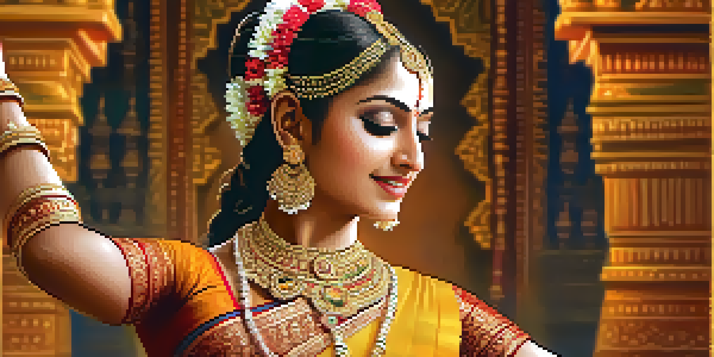 A Bharatanatyam dancer in traditional clothing, performing with intricate gestures and expressions, set against a beautifully decorated temple stage.