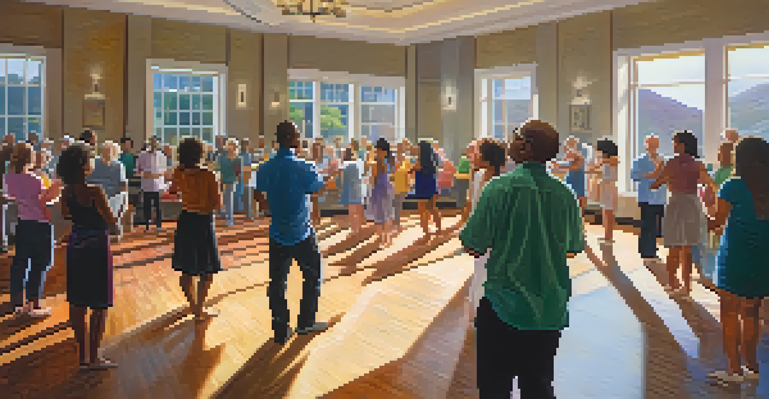 Participants engaged in dance during a modern worship service in a softly lit indoor space, with colorful spotlights and a tranquil landscape visible through a large window.