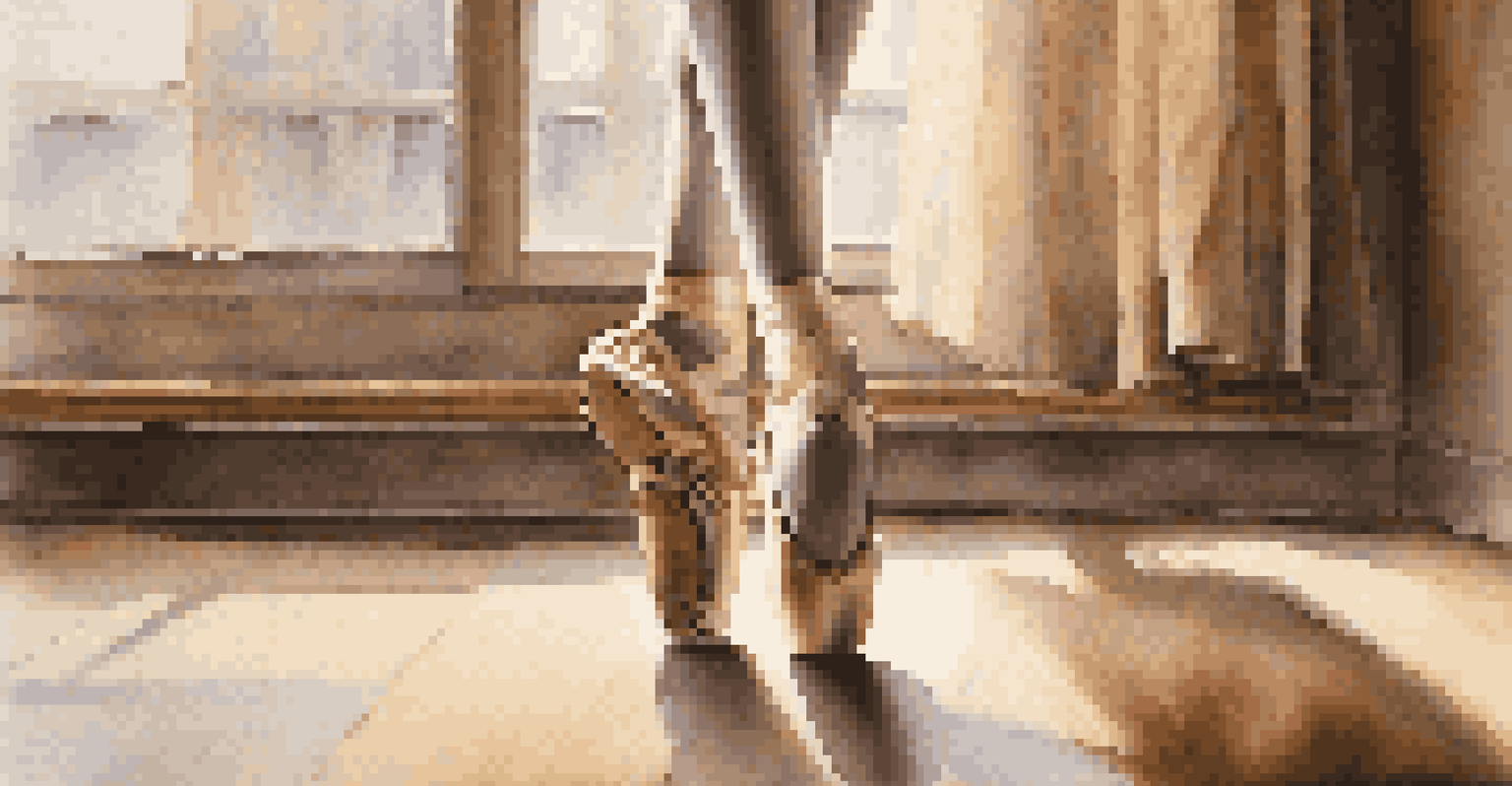 A close-up of ballet shoes on a barre, highlighting the texture and wear, with blurred dancers in the background.