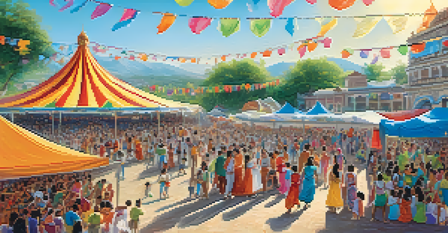 A wide view of a day-time dance festival with multiple stages, diverse performers, and attendees enjoying the festivities under bright blue skies.