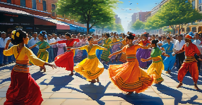 A diverse group of dancers in traditional costumes performing together in an urban setting, surrounded by an enthusiastic audience and city buildings.