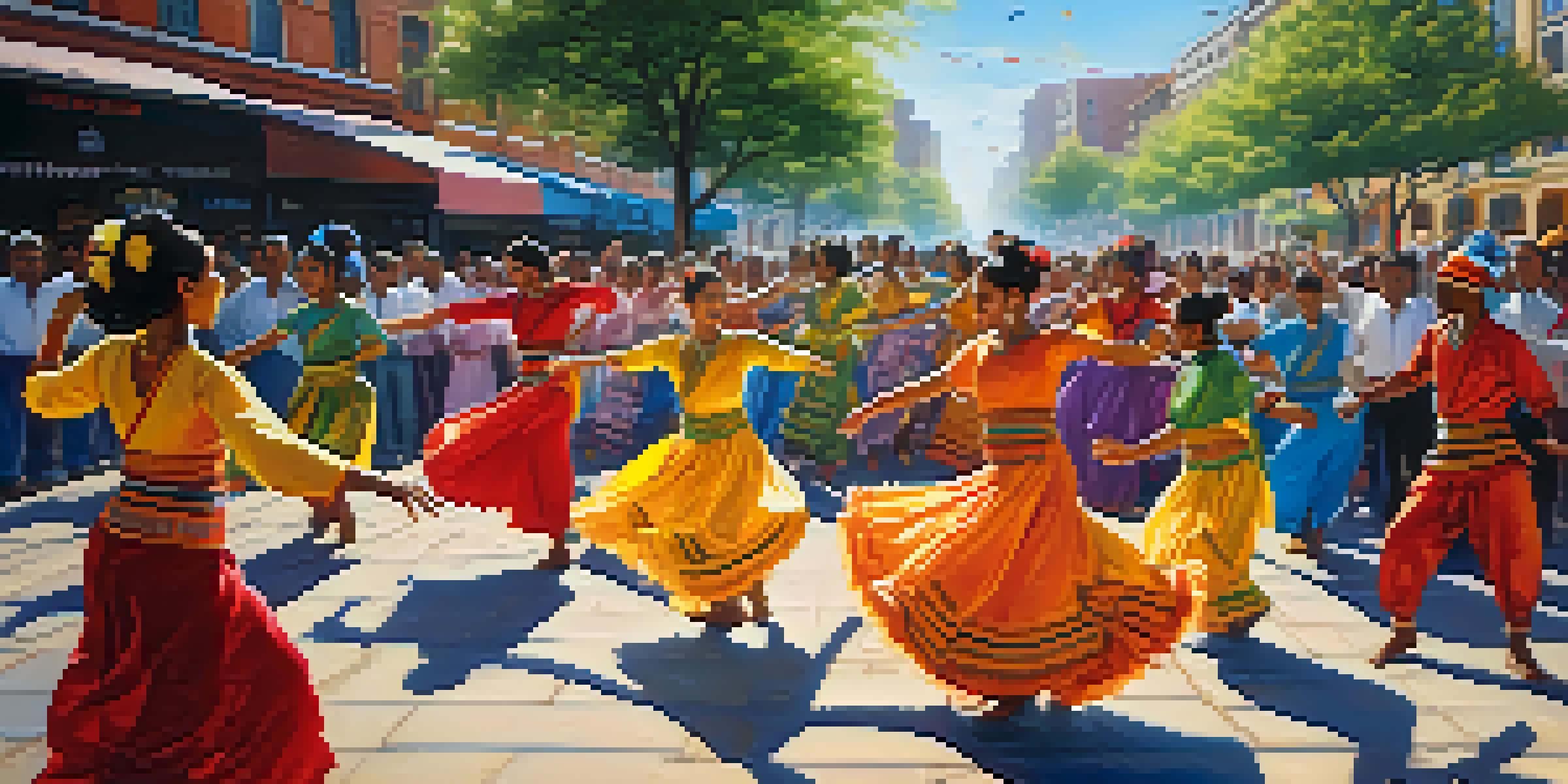 A diverse group of dancers in traditional costumes performing together in an urban setting, surrounded by an enthusiastic audience and city buildings.