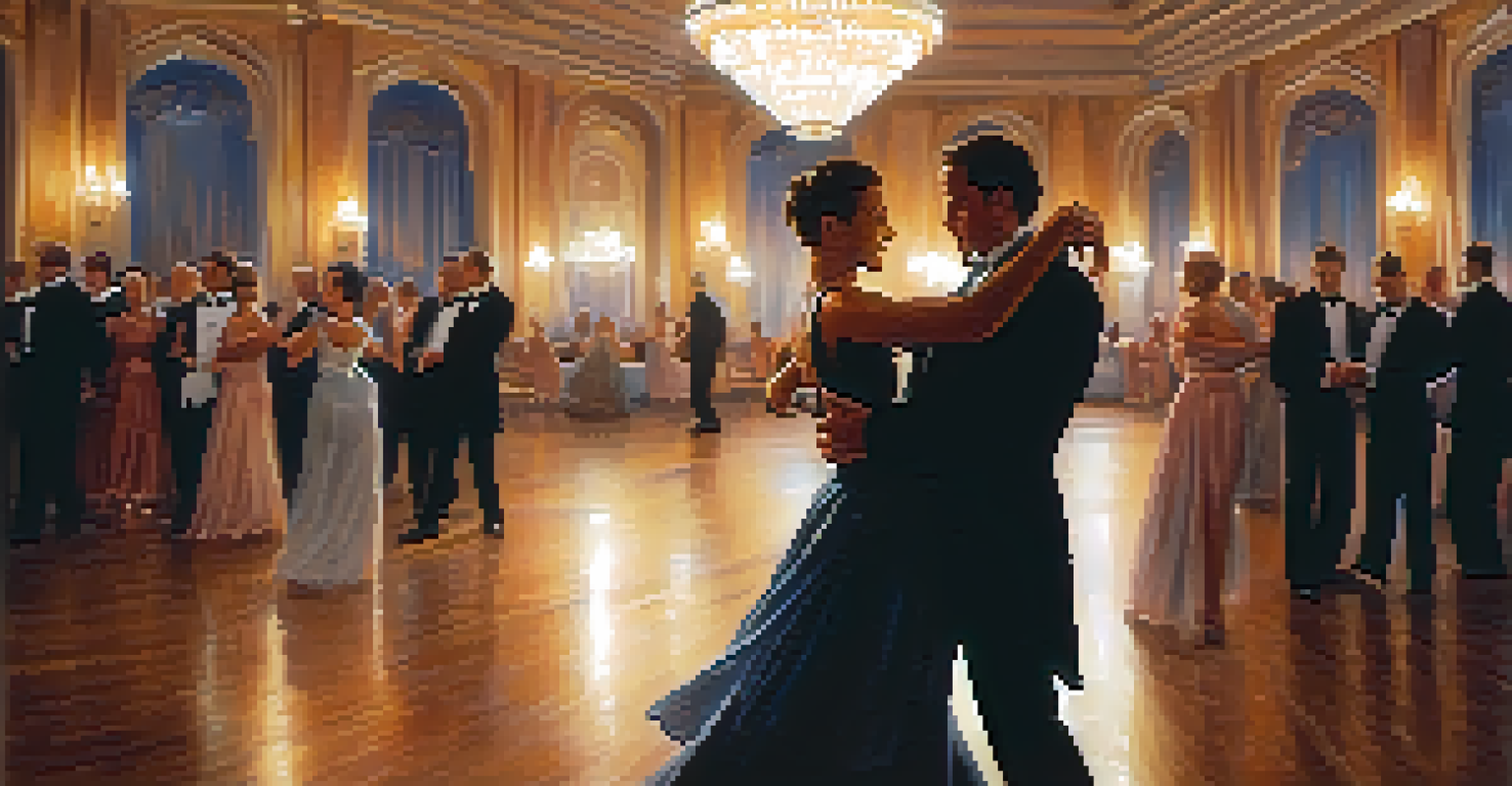 A couple in formal attire dancing gracefully in an elegant ballroom filled with chandeliers and candlelight.