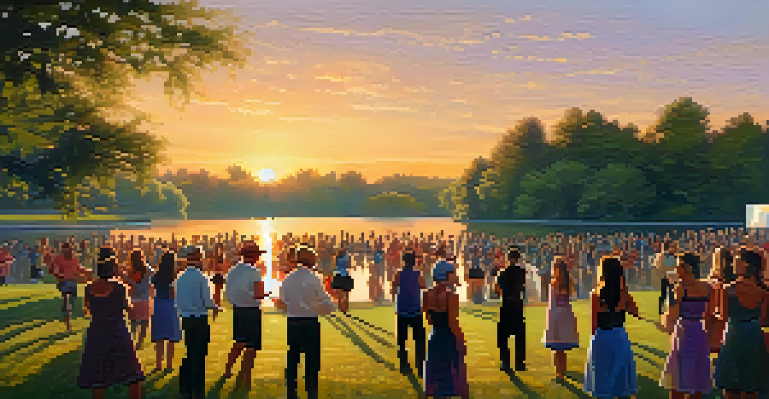 A community dance festival by a lake at sunset, with dancers performing in unison while an audience watches from the shore.