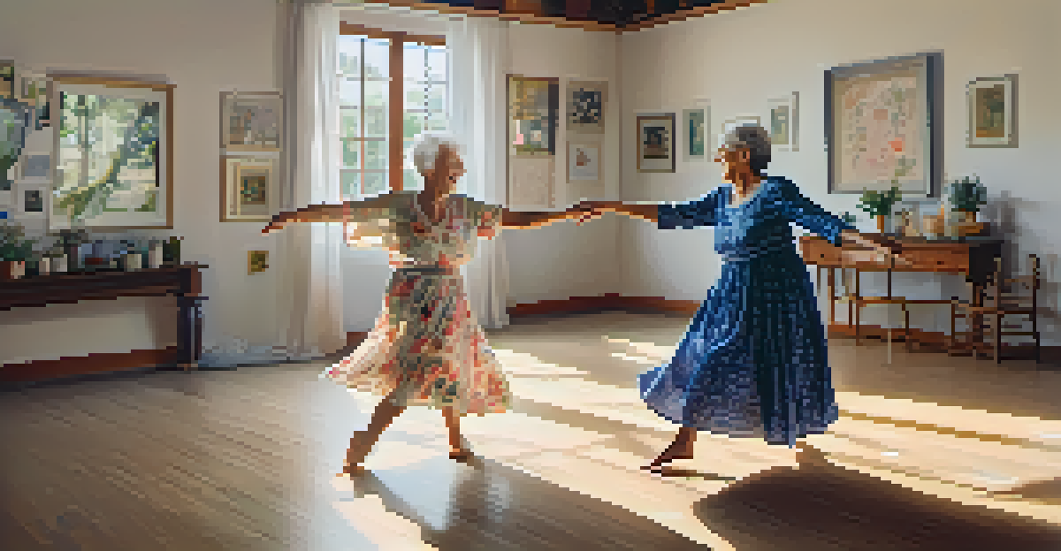 A grandmother and granddaughter sharing a joyful moment while learning dance in a sunlit studio.