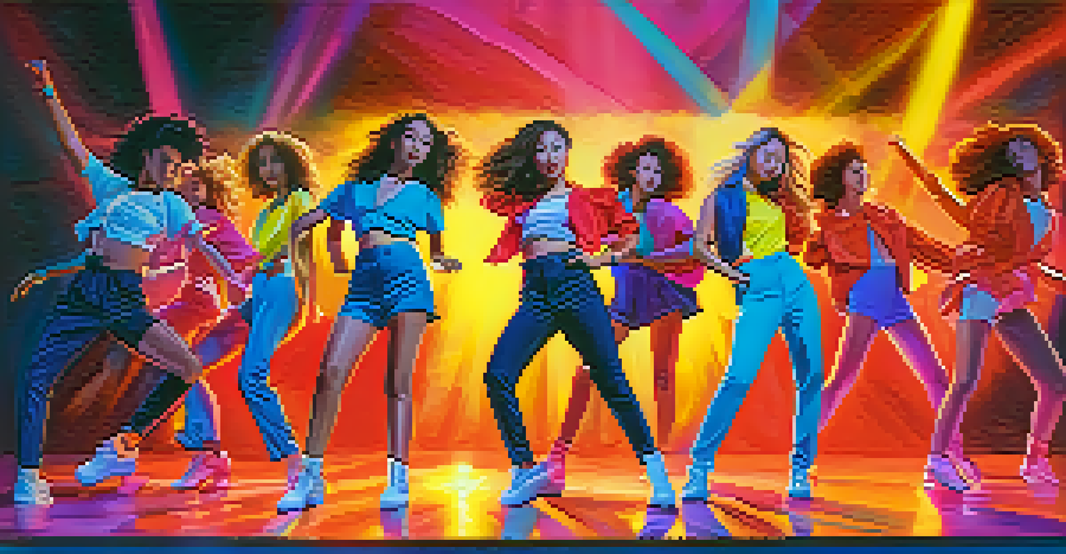 A diverse group of dancers performing a K-Pop dance routine on a brightly lit stage, wearing colorful outfits and showcasing synchronized movements.