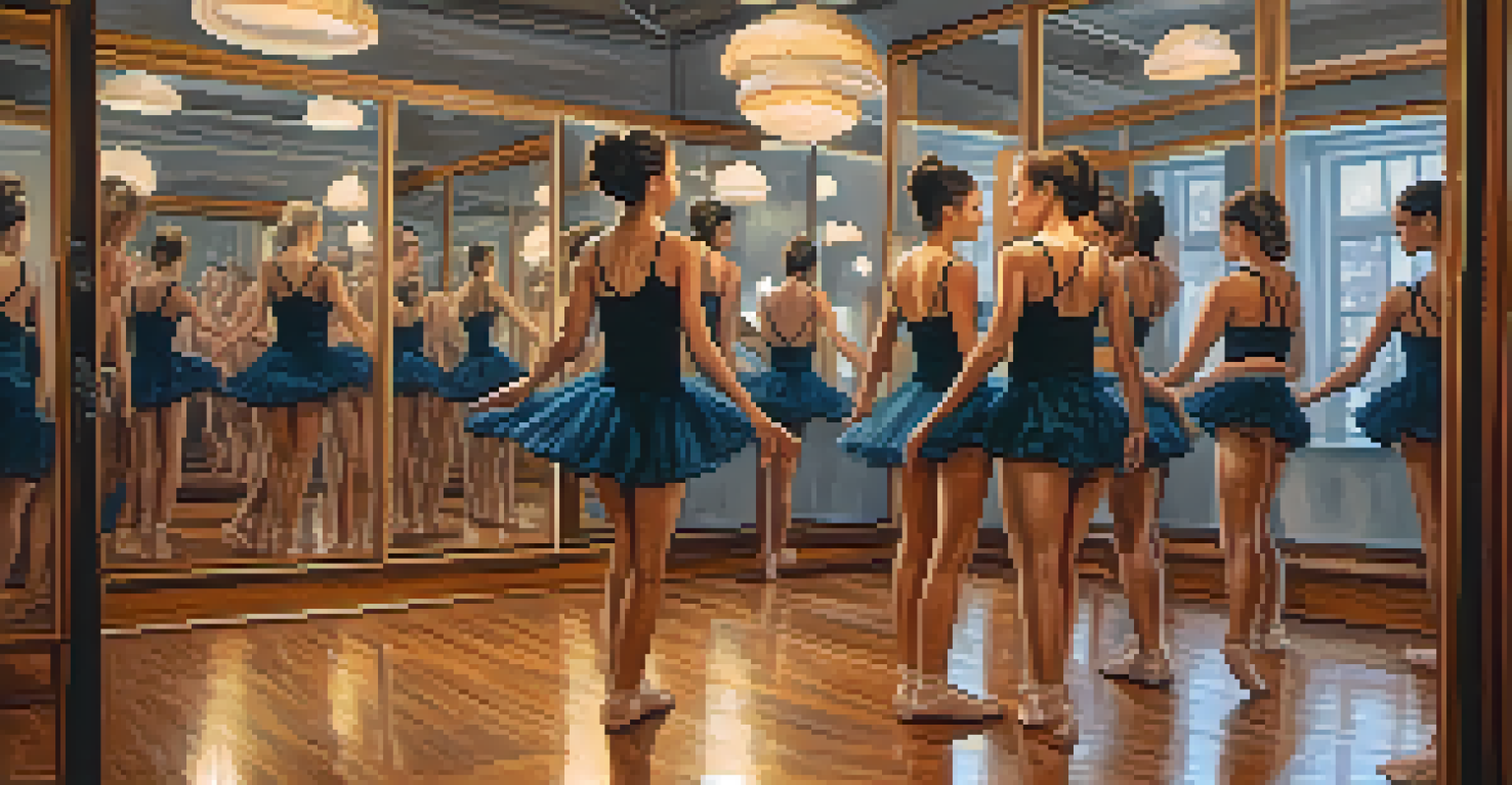 A group of dancers practicing in a warm, inviting studio filled with mirrors and plants, showcasing their dedication and teamwork.