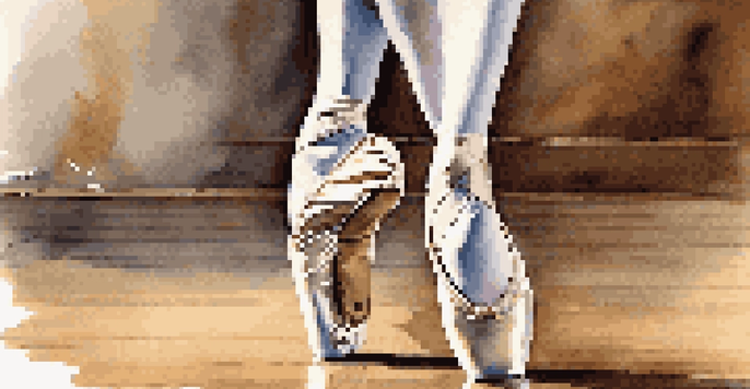A dancer's feet performing a pirouette on a stage, showcasing ballet shoes and a flowing skirt.