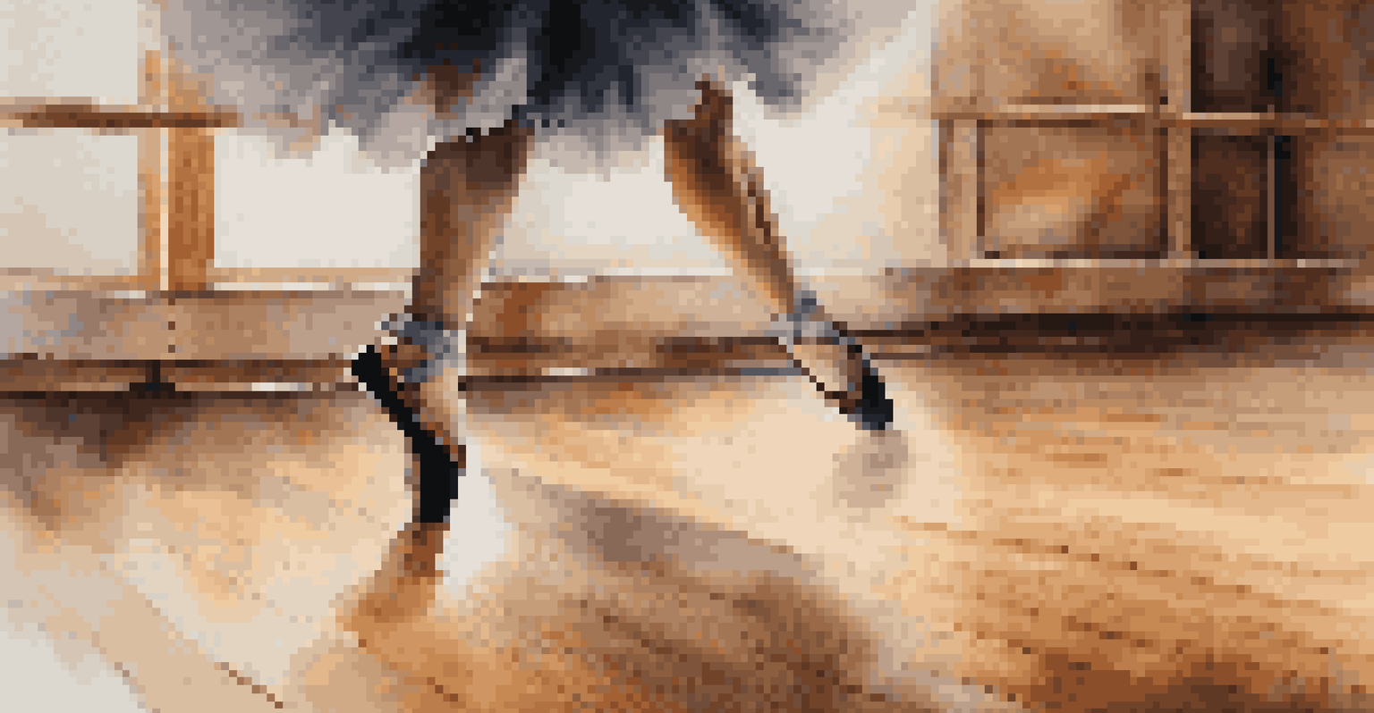 A close-up of a dancer's feet in traditional footwear gracefully moving on a wooden stage, with blurred silhouettes of other dancers in the background.