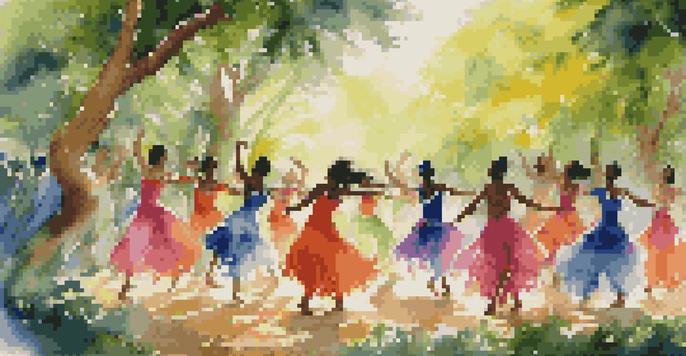 A group of diverse dancers in colorful costumes performing outdoors amidst lush greenery, with sunlight creating patterns on the ground.