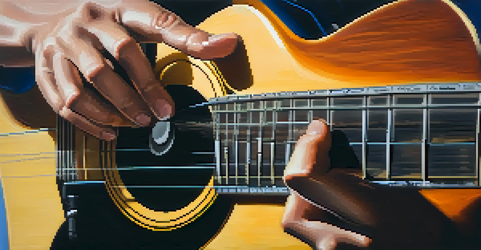 A close-up of hands playing a guitar, with a metronome blurred in the background, showcasing the details of the practice session.